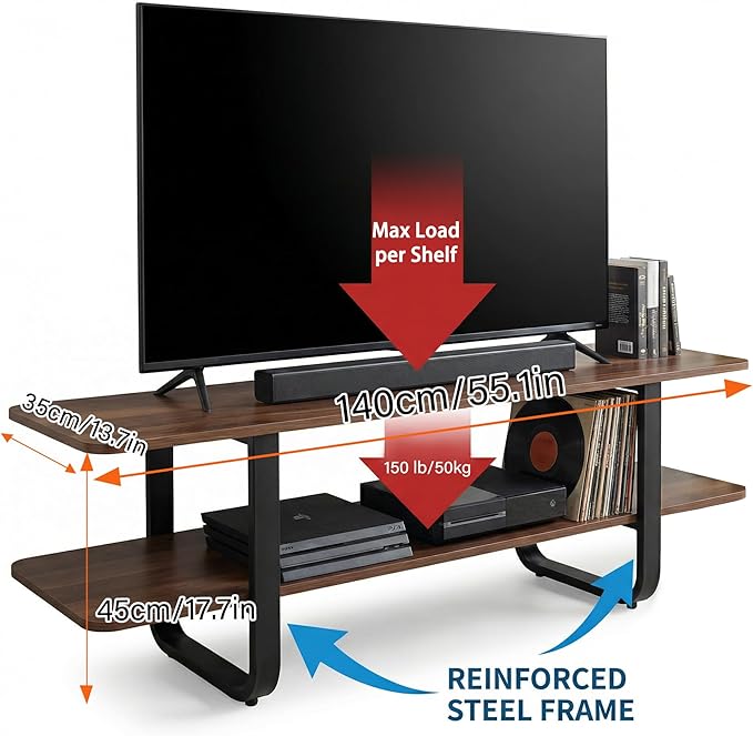 Welnow Walnut TV Stand for 65" TV, Mid Century Modern Entertainment Center with 2-Tier Open Shelves, Versatile Modern TV Console & Table for Living Room & Gaming