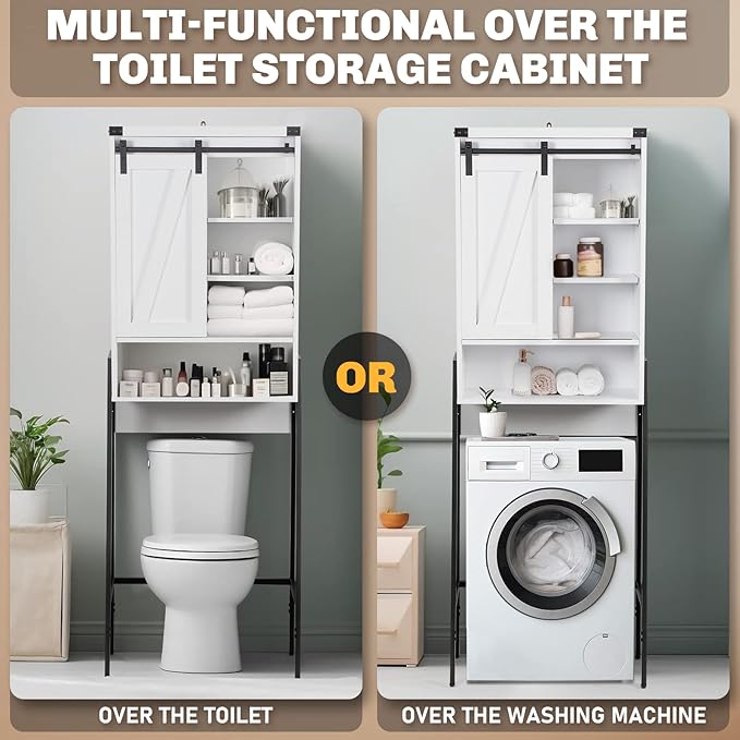 Over The Toilet Storage Cabinet, Behind Toilet Bathroom Organizer with Adjustable Shelves, Above Toilet Organizers with Barn Door, Space Saver for Restroom, Bathroom, Laundry, White