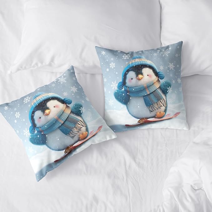 Winter Pillow Covers 18x18 Set of 2 Adorable Skiing Penguins Throw Pillow Covers Snowflakes Pillow Case Double Sided Printing Cushion Case for Home Decor Couch Sofa