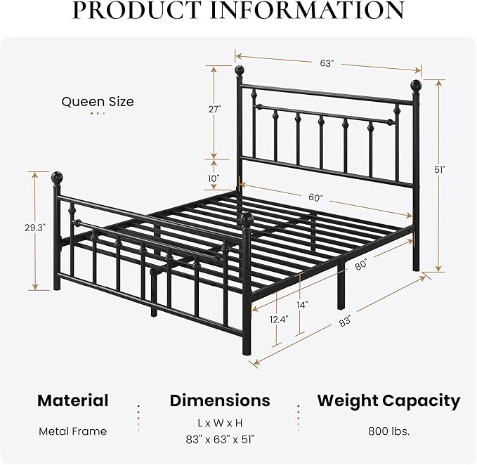 SHA CERLIN 14" Queen Size Metal Platform Bed Frame/Victorian Headboard and Footboard/Steel Slats Mattress Foundation for Storage/No Box Spring Needed/Noise Free/Black
