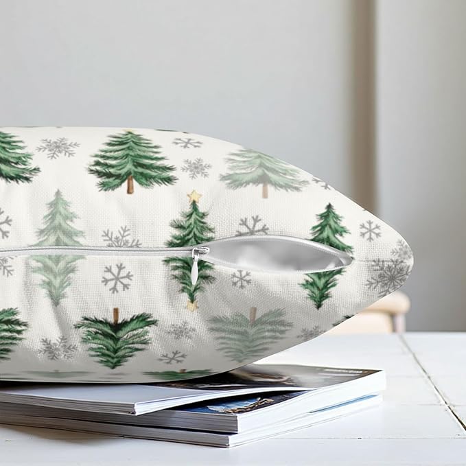 Christmas Tree Pillow Covers 18x18 Set of 2 Green Xmas Outdoor Decorative Throw Pillow Cases Neutral Rustic Nature Forest Winter Snowflake Pillowcases for Farmhouse Living Room Decor
