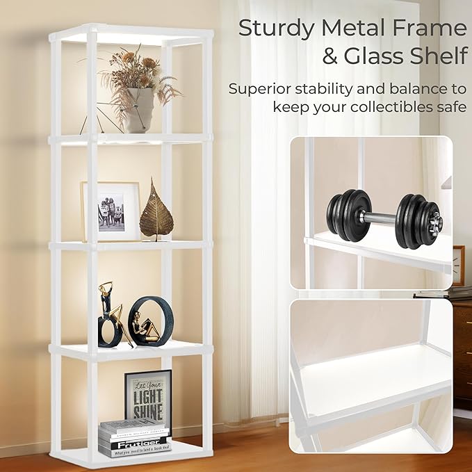 Tall Display Shelf Floor Lamp, Dimmable LED lamp with 3 Color Temperatures, Sturdy Glass Curio Cabinet Bookcase with Remote Control, Floor Lamp with Shelves for Living Room Decor, Collectibles (White)