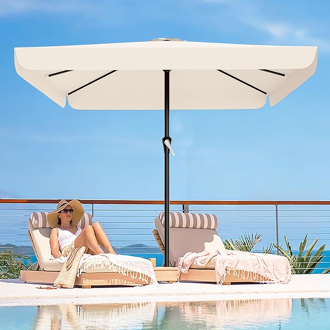 AreShark 8 X 10 FT Large Rectangular Patio Umbrella with Valance, Outdoor Table Market Umbrella w/Crank & 8 Ribs, Rectangle Outdoor Umbrellas for Garden, Deck, Yard and Poolside, Cream White