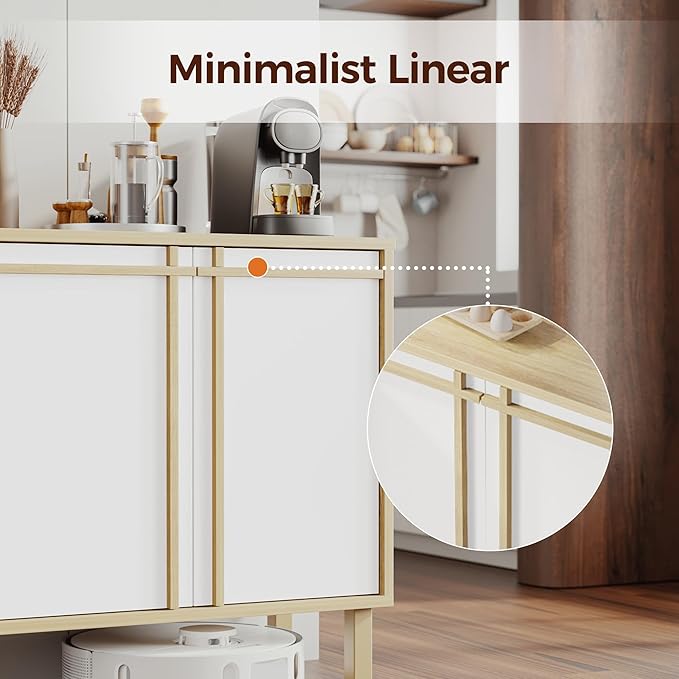 Sideboard Buffet Cabinet with Storage, 2 Doors, Adjustable Shelves, Wooden Mid Century Coffee Bar Cabinet for Entryway, Living Room, Kitchen, Natural/White