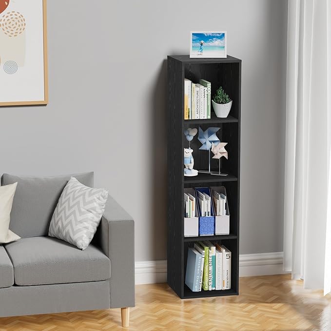4 Tier Bookshelf, Freestanding Corner Storage Shelve Book Case for Narrow Space, 4 Cube Storage Organizer Small Bookcase for Home Office Living Room (Black, 4 Cube)