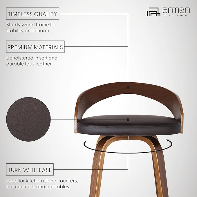 Armen Living LCSOBABRWA30 Sonia Barstool with Polyurethane Upholstery, 30"H, Walnut Wood Finish/Brown