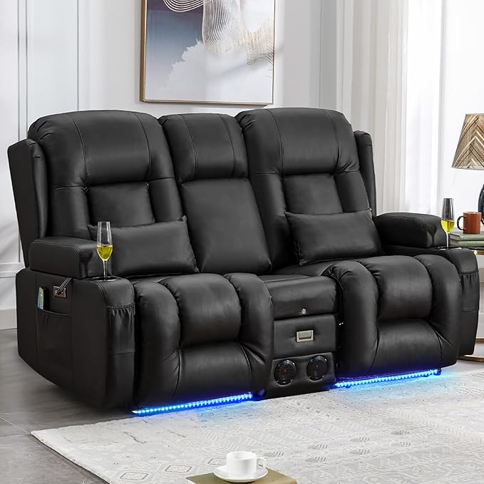 IPKIG Power Recliner Sofa with Flip-Up Backrest Console, USB & USB-C Ports, AC Outlet, LED Lights, Wall Hugger Recliners for Living Room, RV (Black, 67" - 2 Seat) | Faux Leather, Zero Gravity, Dual Reclining, 2 Lumabr Pillow, Bluetooth Speakers