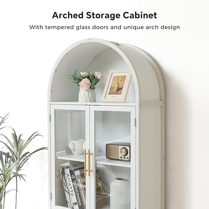 Arched Bookcase Book Shelf with Glass Doors, 5 Tier Display Bookshelf Tall Cabinet with Storage, Industrial Floor Standing Bookshelves Open bookcases for Home Office, Living Room(White)