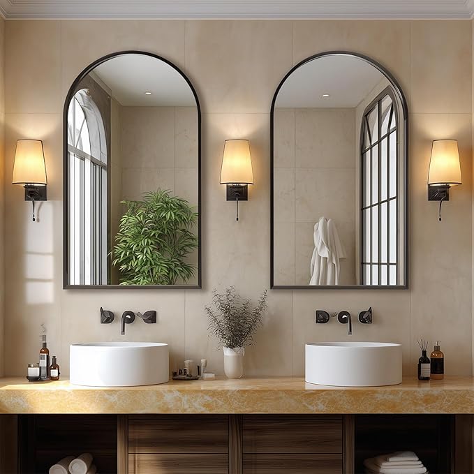 Wall Mounted Mirror, 26"x38" Arched Wall Bathroom Mirror, Black Vanity Wall Mirror with Metal Frame, Modern & Contemporary Arch Top Wall Mirror for Bedroom, Entryway, Living Room,Black