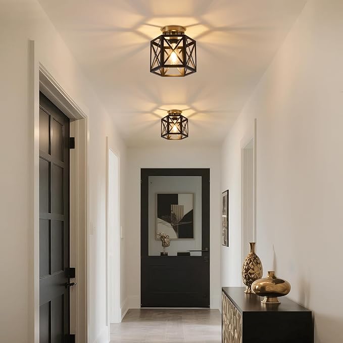Black Gold Flush Mount Ceiling Light Fixtures, Farmhouse Ceiling Lights with Hexagonal Metal Cage, Modern Close to Ceiling Lamp, Small Chandelier for Kitchen Hallway Porch Bedroom, 2 Pack