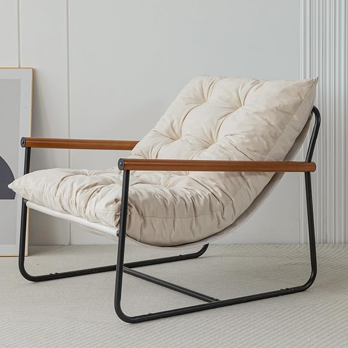 MAXYOYO Accent Chair, Velvet Arm Chair Living Room Chair with Metal Frame, Reading Accent Chair, Modern Bedroom Chair, Boucle Armchair with Wooden Arms, Beige
