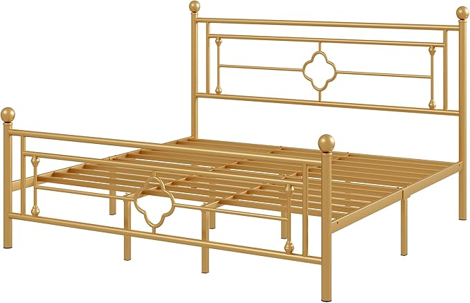 Allewie King Size Metal Platform Bed Frame with Victorian Vintage Headboard and Footboard/Mattress Foundation/Under Bed Storage/No Box Spring Needed/Noise-Free/Easy Assembly, Gold