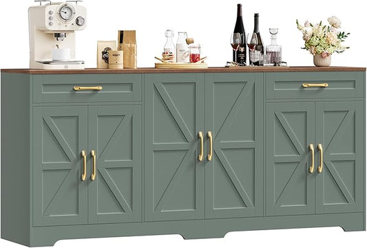 71” Large Sideboard Buffet Cabinet with Storage, Farmhouse Kitchen Buffet Cabinet with Adjustable Shelves and 6 Barn Doors, Wood Coffee Wine Bar Console Table for Kitchen, Dining Room, Green