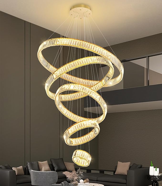 Large Ring Crystal Chandelier Modern Dimmable Chandelier High Ceiling Chandelier Round LED Ceiling Light Fixture for Foyer Long Stair Big Chandelier Gold 8''+16''+24''+32''+40''