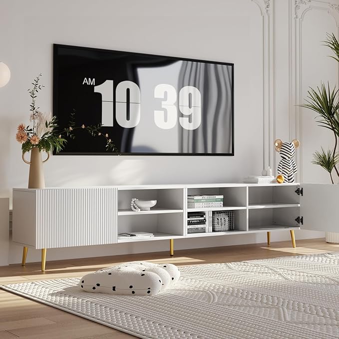 Modern 86in TV Stand for Living Room, Fluted Design Entertainment Center with Adjustable Shelves,Media TV Console Table with Storage for Bedroom,White