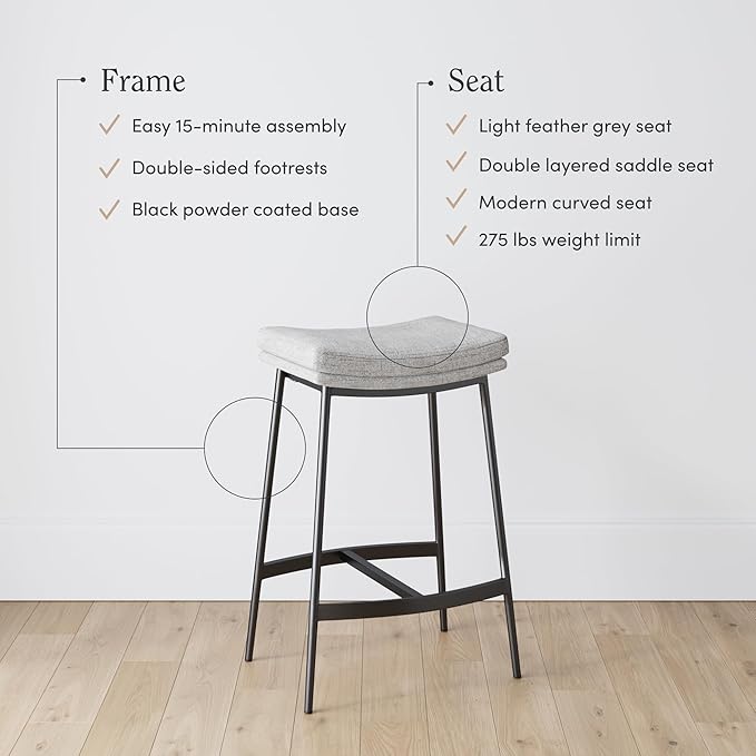 Arlo Modern Backless Upholstered Kitchen Counter Bar Stool with Double-Layered Saddle Seat and Black Metal Base, Grey/Matte Black, Set of 2
