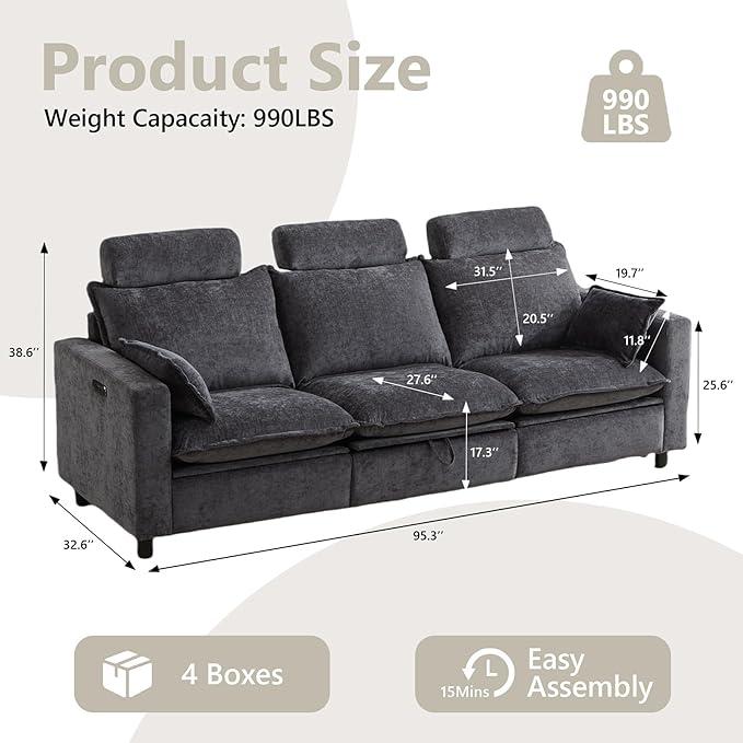 GUEAPY Power Reclining Sofa Set with USB & Type-C Ports, 2 Piece Chenille Upholstered Recliner Couch Set for Living Room, Adjustable Backrest & Footrest, Removable Headrests, Wall Hugger Design