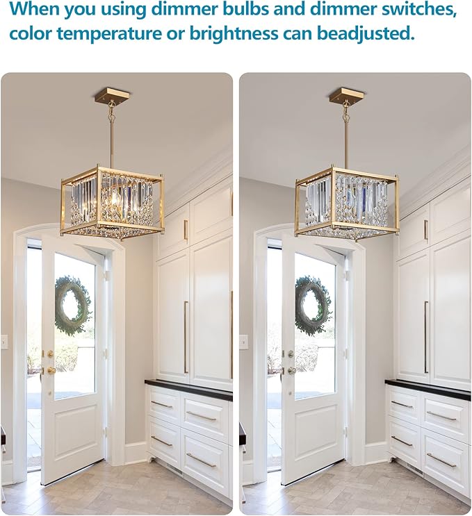 Q&S Gold Chandelier,Modern Industrial Gold Square Crystal Chandeliers 4 Lights Hanging Pendant Light Fixture for Dining Room Hallway Entryway Kitchen Island UL Listed