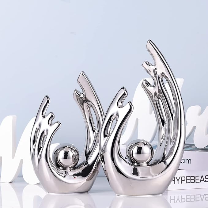 XMGZQ Silver Home Decor Accent,Mid Century Modern Decor Dining Table Decorations,Silver Abstract Ceramic Statue and Sculpture for Center Pieces Decor for Table,Bookshelf Tv Stand Decorative Objects