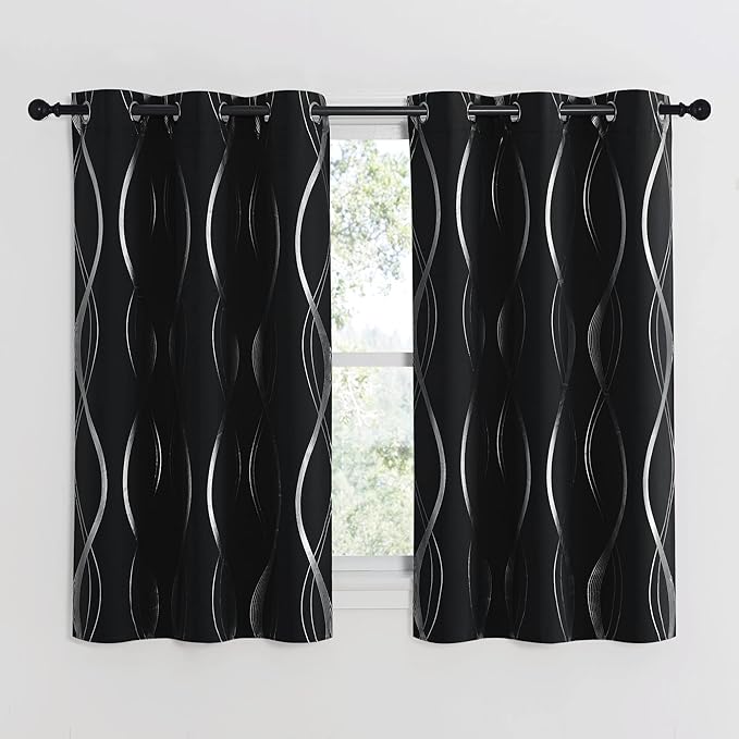 NICETOWN Black Out Curtains for Small Window, 2 Panels, 34 inches Wide by 54 inches Long, Foil Printed Wave Lines Thermal Insulated Blackout Panels/Drapes for Bedroom Kitchen Loft Cafe