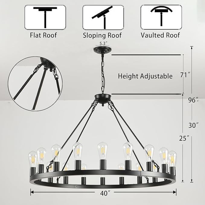 40 inch Black Wagon Wheel Chandelier 20-Light Farmhouse Round Wheel Chandeliers Hanging Light Fixture Outdoor Wagon Wheel Chandelier for Porch for High Ceilings Dining Room