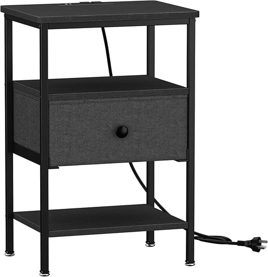 VECELO Night Stand with Charging Station, End Tables with Open Storage Shelf, Bed Side Tables with Fabric Drawers for Bedroom,Living Room,Classic Black
