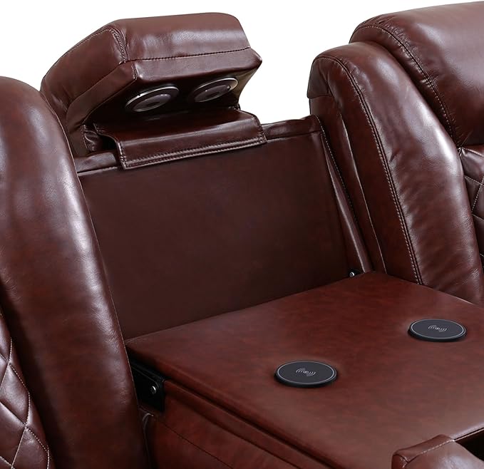 Power Reclining Sectional Sofa Set with LED Lights, Vegan Leather Recliner Sectional Couch for Living Room Furniture,Wireless Charging/USB Charging/Reading Lamp/Armrest Storage,Wine Red