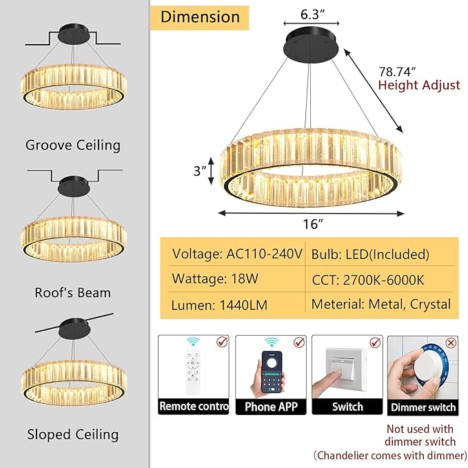16'' Modern Ring Chandelier Crystal Chandeliers for Dining Room Round LED Dimmable Ceiling Light Fixture for Living Room Bedroom Lighting Black