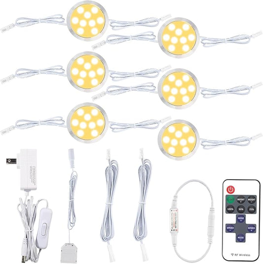 Closet Cupboard Bar Uplight Downlight Fixture, LED Under Cabinet Puck Lighting KIt, in Series Linkable, Smart Remote Control Dimmable, 120 Volt Wall Plug-in, 6 Lights, Warm White
