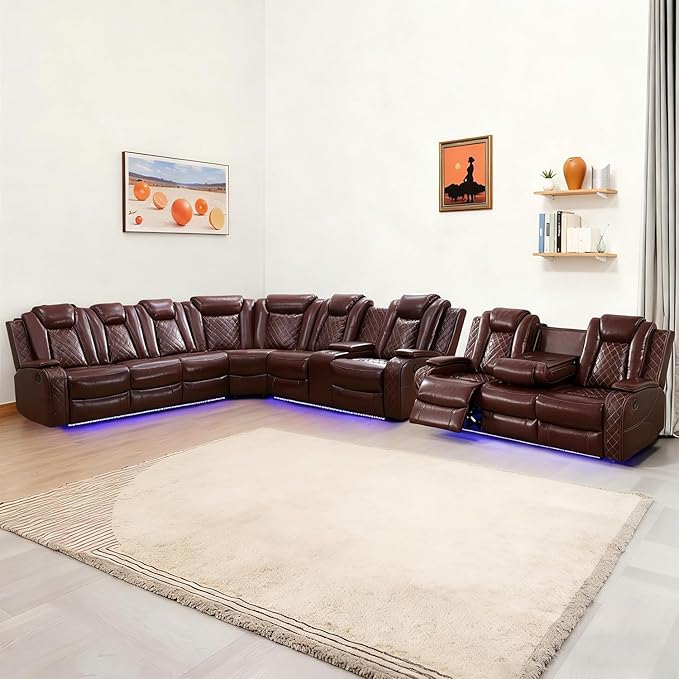 Power Reclinier Sectional Sofa Set,Brown Red Leather Reclining Sectional Modular Couch Set,L Shaped Leather Couch with LED Light for Living Room/House/Apartment/Lounge(L+3 Seats Sofa)
