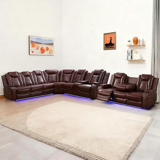 Power Reclinier Sectional Sofa Set,Brown Red Leather Reclining Sectional Modular Couch Set,L Shaped Leather Couch with LED Light for Living Room/House/Apartment/Lounge(L+3 Seats Sofa)