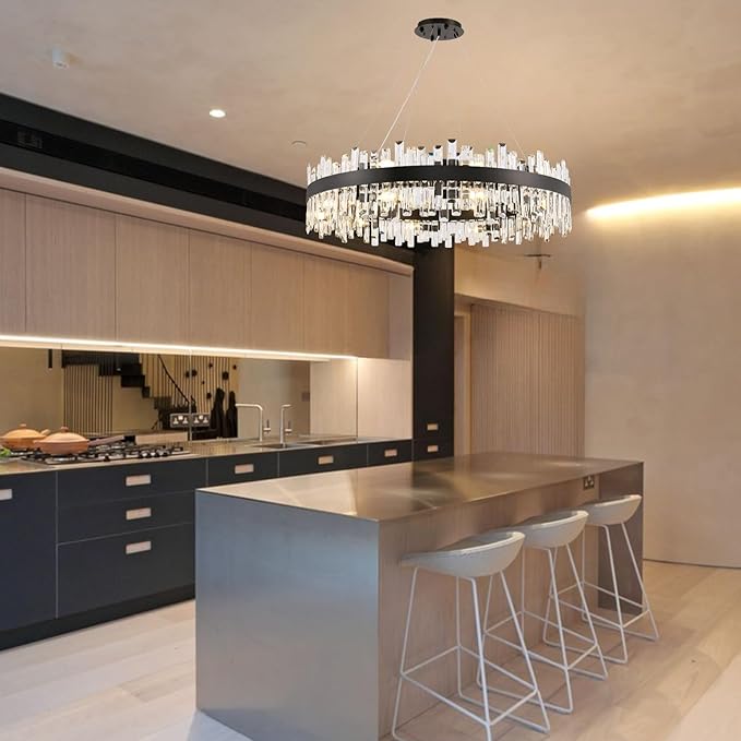 CROSSIO 20-Light Modern Large Crystal Chandelier Black Round 2-Tiers Raindrop Chandelier Luxury Flush Mount Hanging Ceiling Light for Dining Living Room Entryway Foyer Stairway D39.4''