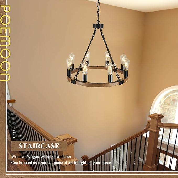 23.6'' Farmhouse Wooden Wagon Wheel Chandeliers 8 Lights Rustic Oak Wood Round Chandelier with Black Chain Natural Pendant Light Fixture for Living Dining Room Kitchen Entryway Foyer