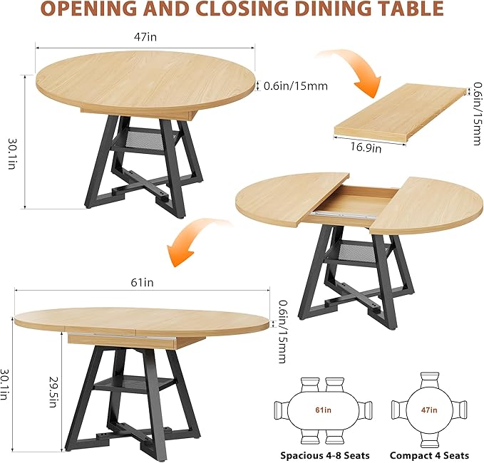 Round Dining Table Kitchen Dining Room Dinner Table for 4-6, Space Saving Extendable Oval Circle Furniture with Pedestal Base and Storage Shelf for Kitchen Living Room (Wood, for 6-8)