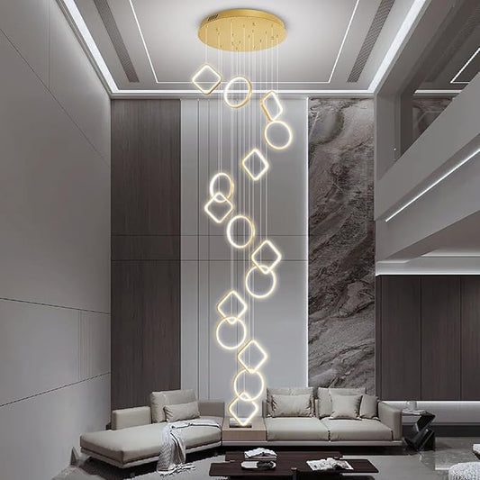 22" Dia x 138" H Modern 15-Light LED Spiral Chandelier, Acrylic Pendant Lighting Fixture for High Ceilings, Staircase, Foyer, Living Room, Warm Light, Adjustable Height, Gold Finish