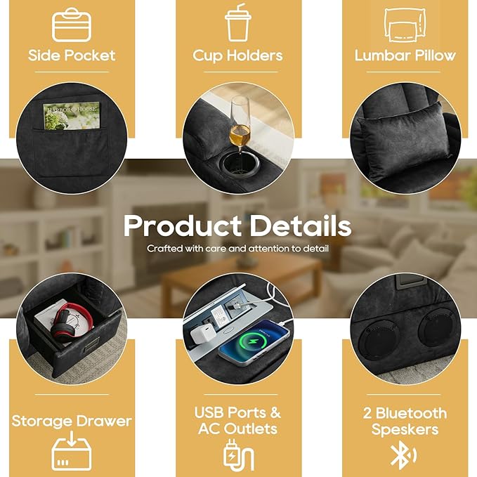 IPKIG Power Recliner Sofa with Flip-Up Backrest Console, USB & USB-C Ports, AC Outlet, LED Lights, Wall Hugger Recliners for Living Room, RV (Drak Grey, 89" - 4 Seat) | Velvet Fabirc, Zero Gravity, Dual Reclining, 2 Lumabr Pillow, Bluetooth Speakers