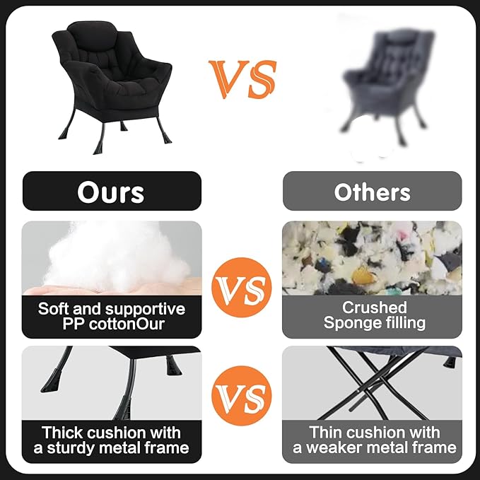 Lazy Chair, Large Accent Chair, Modern Comfy Armchair, Black Chair for Living Room Bedroom Dorm Room Office Apartment Reading Relaxing Use