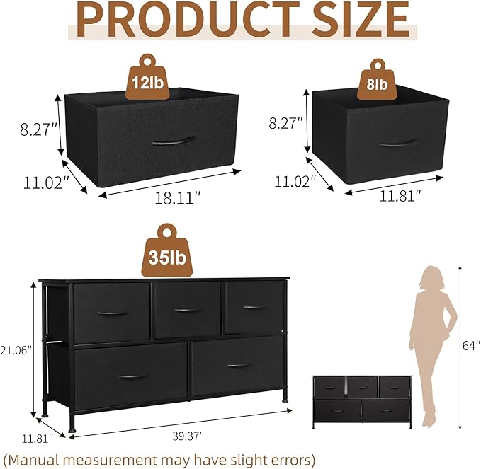 SHAWKEN Fabric Dresser with One-Piece Steel Frame,5 Drawer Dresser for Closet Organizer,Bedroom,Living Room,Hallway & Dorm Room(Black)