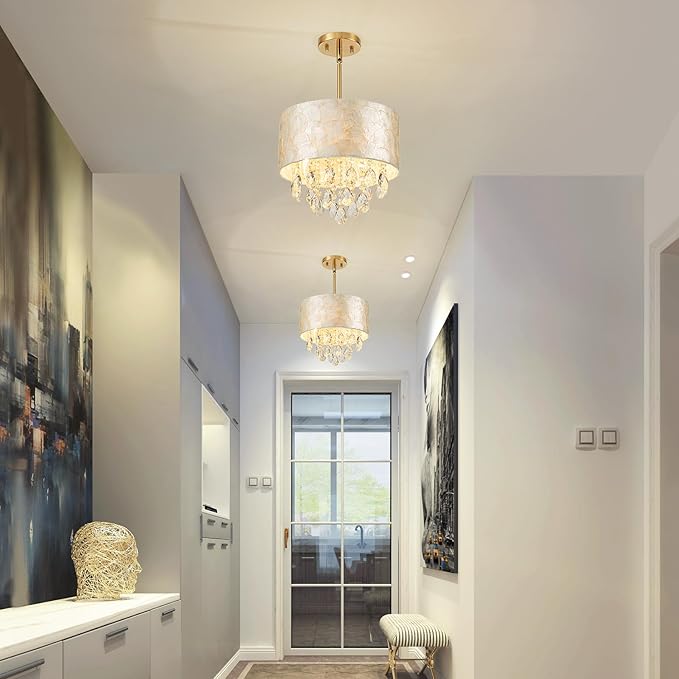 Small 3-Light Drum Capiz Shell Crystal Chandelier, Coastal Style Pendant Light Fixture for Dining Room, Living Room, D12 x H19~49"(Adjustable), Shell Lampshade & Gold Finish