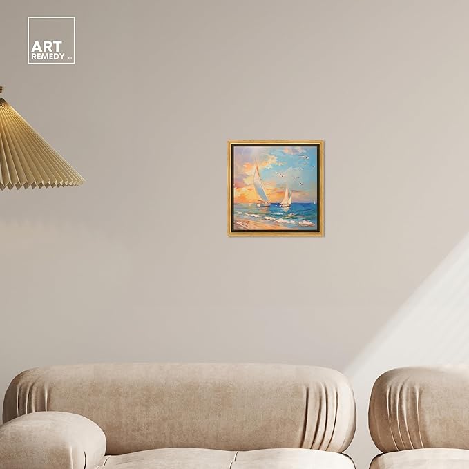 Art Remedy Sailboats In The Sunset Framed Sailing 1 Piece Canvas Wall Art, 13.5" x 13.5", Gold Frame