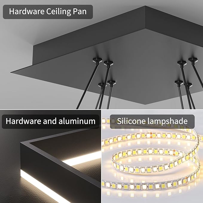 Modern LED Chandelier, 2-Light Black Ceiling Square Chandelier for Dining Room Light Fixtures Hanging Color Temperature and Height Adjustable Chandeliers for Living Room, Bedroom, Kitchen 15.7+23.6IN