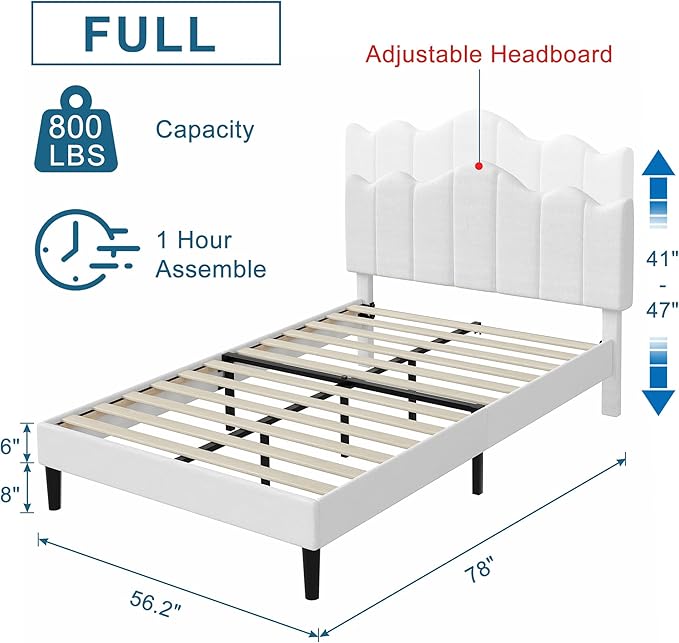 VECELO Full Size Upholstered Platform Bed Frame with Adjustable Headboard, Wood Slat Support and Noise-Free, No Box Spring Needed, Easy Assembly, Off White