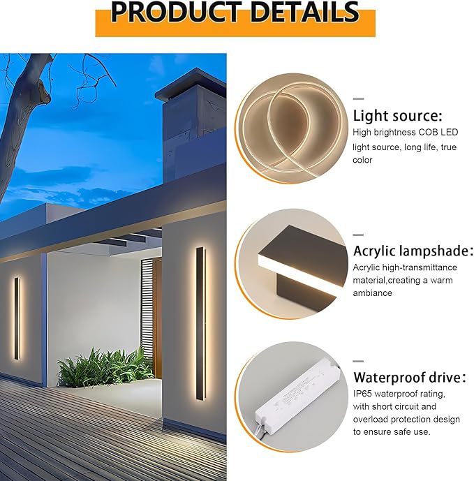 Modern Outdoor Lights Fixture,2pack 92.5inch Exterior Porch Lights Fixture Wall Mount,3000K Rectangular Black Linear Long LED Outdoor Entrance Wall Sconce Lighting for Garage,Front Door