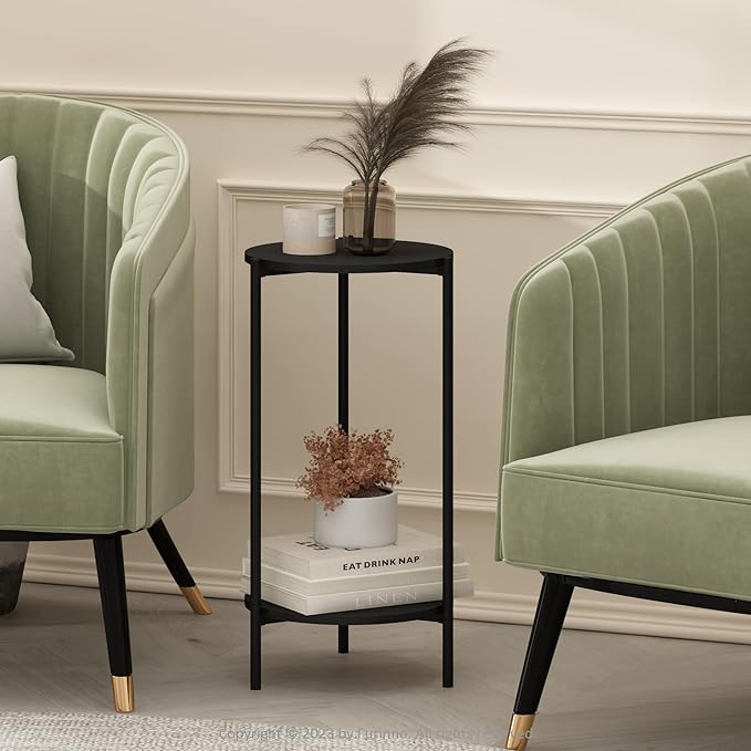 Furinno Besi 2-Tier Modern Tall Round Side End Table with Sturdy Metal Legs, 11.57 (W) x 8.16 (H) x 4.36 (D) inches, Americano