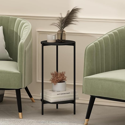 Furinno Besi 2-Tier Modern Tall Round Side End Table with Sturdy Metal Legs, 11.57 (W) x 8.16 (H) x 4.36 (D) inches, Americano