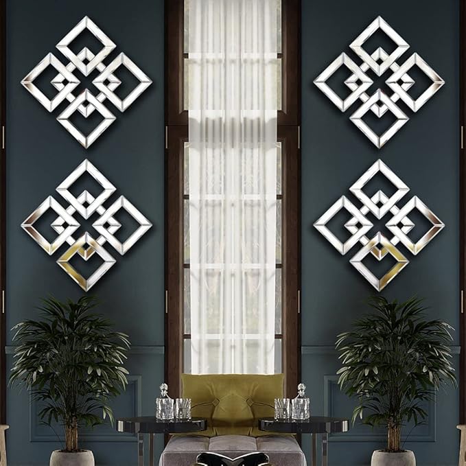 2 Pack Silver Mirrored Square Wall-Mounted Mirrors Modern Glam Accent Decor for Home