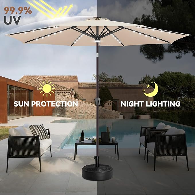 10ft Solar Umbrella Outdoor - Lighted Solar Patio Umbrella with 40 LED Lights Waterprool UV Protection, Table Umbrella with Tilt for Pool, Porch, Garden, Deck, Backyard (Beige)