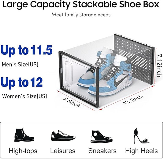 eWonLife X-Large Shoe Boxes with Magnetic Door, 12-Pack Stackable Shoes Storage Organizer for Closet, Clear Plastic Sneaker Container Shoe Rack for Size 12, Black