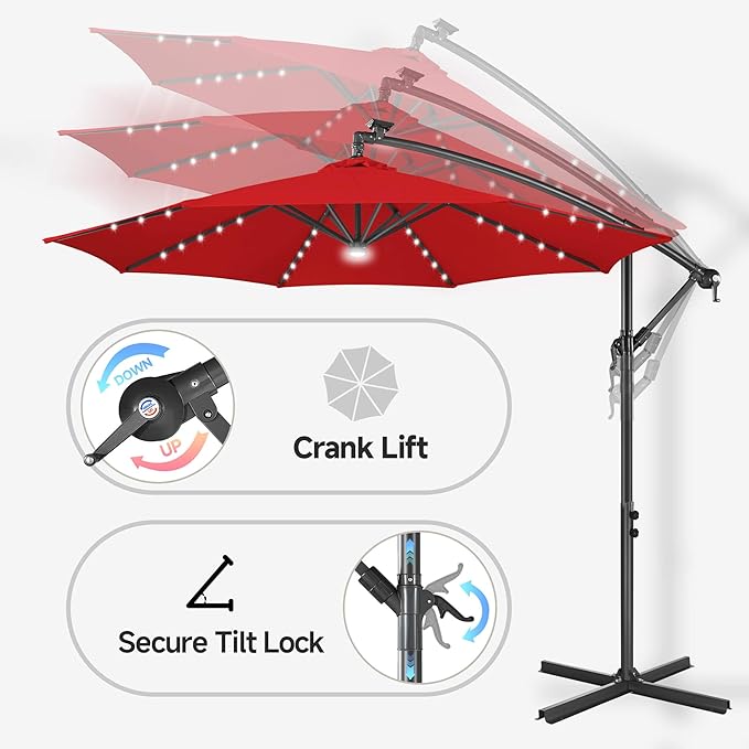 FLAME&SHADE 10ft Solar Cantilever Umbrella with 40 LED Lights, Lighted Large Offset Outdoor Patio Umbrellas, 8 Sturdy Ribs, UPF50+ UV Protection for Pool Deck Garden Yard, Red