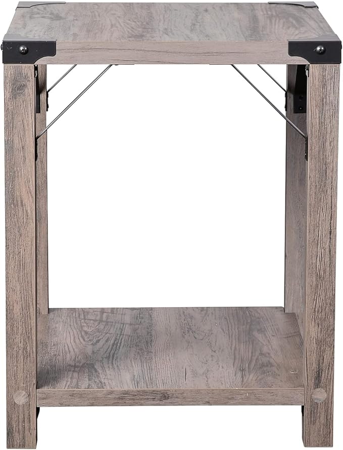 Flash Furniture Wyatt Modern Farmhouse 2 Tier Side Table - Gray Wash Engineered Wood Frame - Black Metal Crisscross Side Braces and Corner Accents